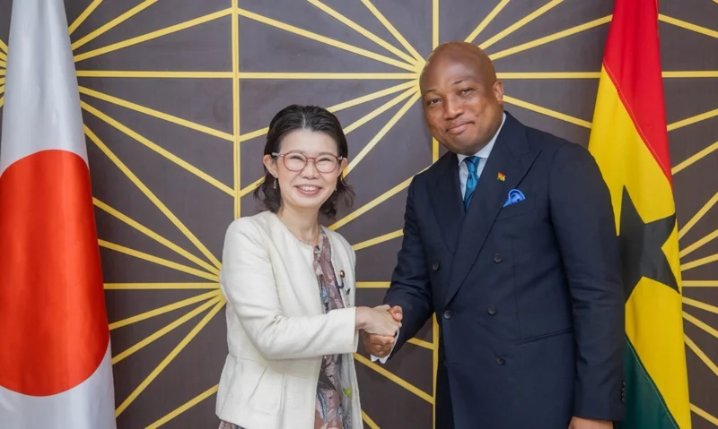 Ghanaian Member of Parliament Samuel Okudzeto Ablakwa shakes hands with a Japanese official during a diplomatic meeting. They are standing between the national flags of Japan and Ghana, signifying a strengthening of bilateral relations.