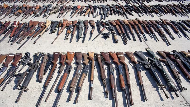 Rows of confiscated or surrendered firearms are laid out across a concrete ground, showing a variety of rifles and shotguns. The collection highlights the scale of illicit weapons being removed from circulation during a government-led amnesty program.