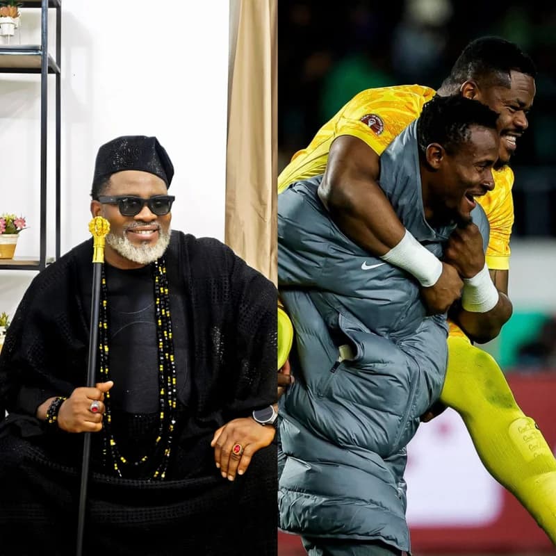 A composite image featuring a man in traditional Nigerian black attire holding a gold-topped staff on the left and two football players celebrating on the right. The man on the left is PuffyTee, wearing a black cap and sunglasses, while the right side shows players in yellow kits in a joyful piggyback celebration after a match.