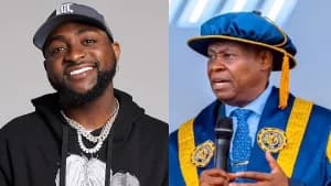 The image shows a split screen with two individuals. On the left is Davido, a popular musician, wearing a black hoodie and cap. On the right is Davido's father, Dr. Deji Adeleke, in academic regalia.
