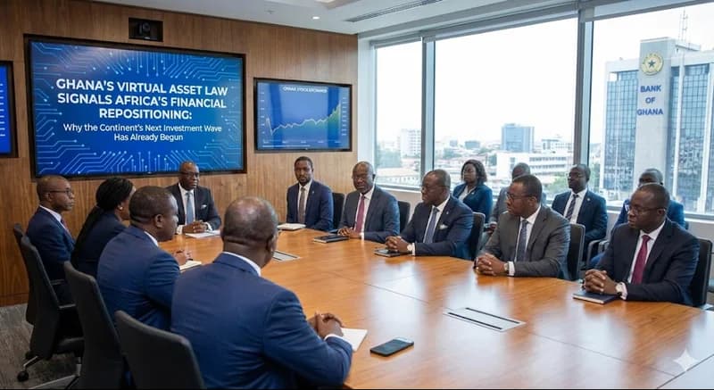 A group of financial professionals and officials in business suits are gathered around a large wooden table in a modern boardroom. A large digital screen displays a title regarding Ghana's virtual asset law, while the Bank of Ghana building is prominently visible through the window in the background.