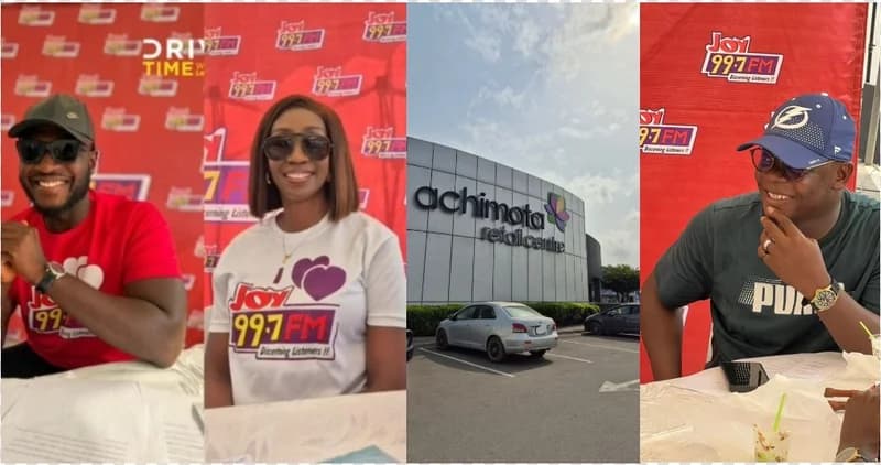 A collage of four images documenting the 'Joy At The Mall' event at the Achimota Retail Centre. Three panels show Joy FM presenters smiling and wearing branded apparel, while one panel captures the exterior of the retail center with its signage clearly visible.