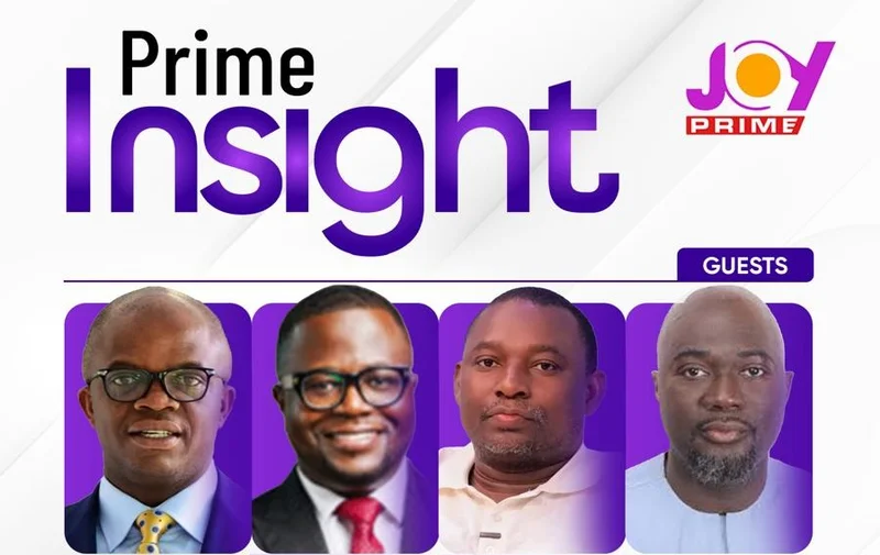 A promotional graphic for the Joy Prime television program 'Prime Insight' featuring the show's logo in large purple font. Below the title, the image displays headshots of four men who are featured as guests on the program, set against a clean white and purple background.