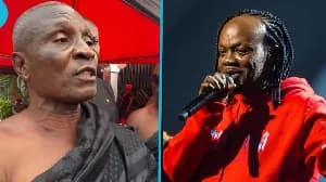 A split-screen composite image featuring an elderly man in traditional Ghanaian mourning attire on the left and highlife musician Daddy Lumba on the right. The man on the left is seen speaking under a red funeral canopy, while Daddy Lumba is shown performing with a microphone on stage.