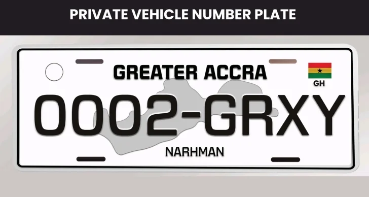 A digital graphic illustrating a sample Ghana private vehicle number plate with 'GREATER ACCRA' branding. The plate features a bold registration number '0002-GRXY', the Ghana flag, and a faint background map of the region.