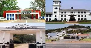 This image is a collage featuring the entrances and iconic buildings of four prominent Ghanaian Senior High Schools. It includes the gate of PRESEC Legon, the clock tower of Achimota School, the entrance to Adisadel College, and the gate of Aburi Girls' Senior High School.