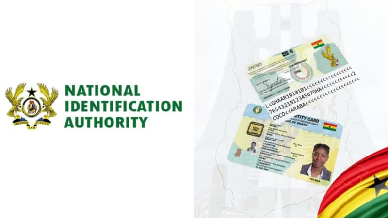 This digital composite image features the official logo and name of the National Identification Authority (NIA) of Ghana. It displays two versions of the Ghana Card (ECOWAS Identity Card) against a background containing a faint map of Ghana and a portion of the national flag.