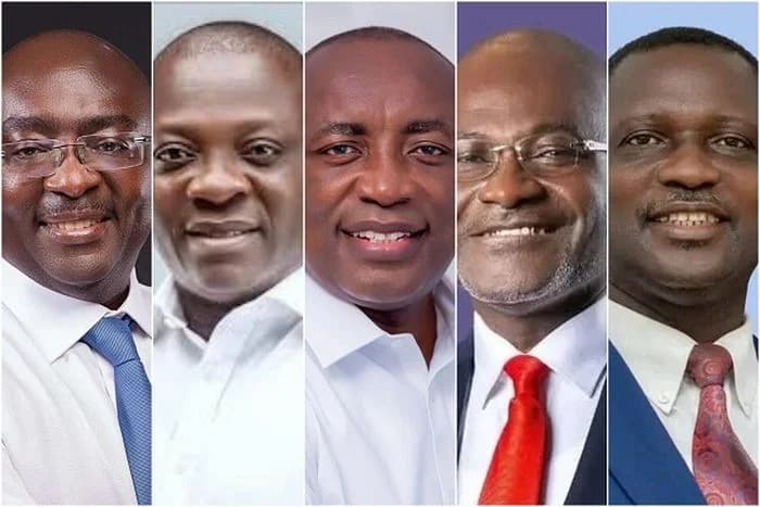 This collage features the headshots of five key candidates who participated in the New Patriotic Party (NPP) presidential primary. The image includes prominent political figures such as Dr. Mahamudu Bawumia, Kennedy Agyapong, and Dr. Owusu Afriyie Akoto, all depicted in formal business attire.