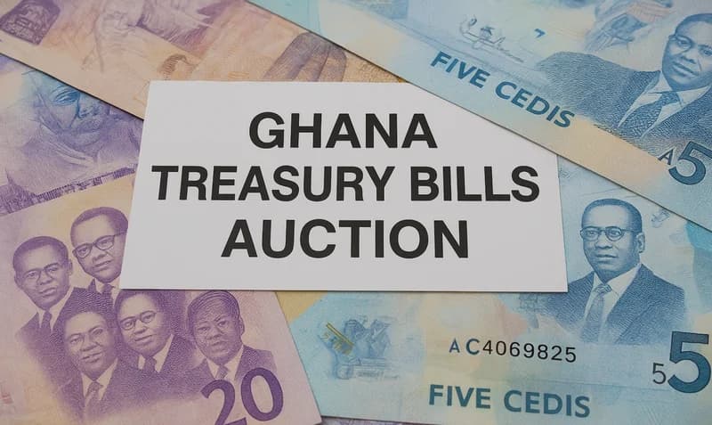 A close-up photograph showing a white card with the text 'GHANA TREASURY BILLS AUCTION' placed over several Ghanaian Cedi banknotes. The banknotes visible include blue 5 Cedi notes and purple 20 Cedi notes, featuring portraits of prominent Ghanaian historical figures known as the Big Six.