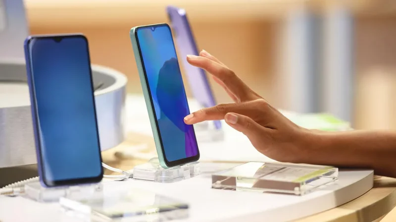A close-up photograph showing a person's hand interacting with a light green smartphone on a retail display stand. Several other mobile devices in various colors are visible in the background, highlighting modern consumer electronics.