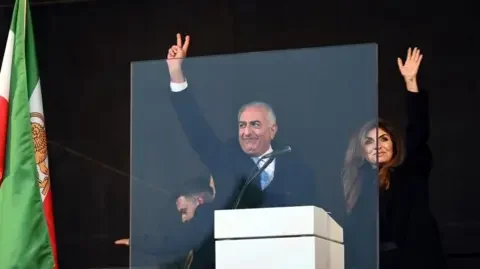 EPA Reza and Pahlavi and his wife wave to crowds on stage. They appear to be standing behind a glass screen. A red, green and white flag can be seen on the left.
