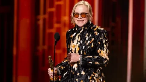Getty Images Weapons star Amy Madigan on stage at the Academy Awards, accepting the trophy for best supporting actress