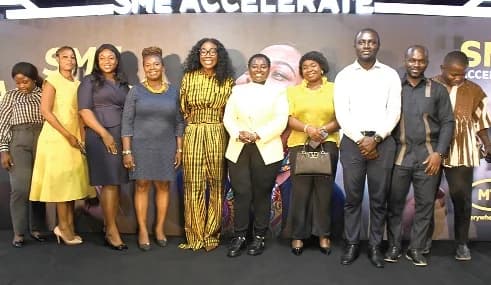 Angela Mensah-Poku, the Chief Enterprise Officer of MTN Ghana and some SME partners at the SME Accelerate launch