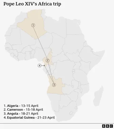 Map showing the African continent and the four countries that Leo XIV is visiting along with the dates of the visits.