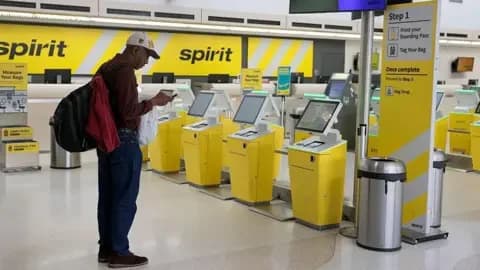 Getty Images A man wearing a red top and navy trousers and a backpack prepares to check in for his Spirit Airlines flight to Tampa before realising it was cancelled at the Fort Lauderdale-Hollywood International Airport