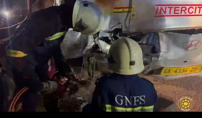 Firefighters Rescue Trapped Passenger After Head-On Collision Between STC Bus and Taxi at Konongo