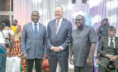 Rolf Olson (2nd from left), Charge d’Affaires of the US Embassy, flanked by Julius Debrah (2nd from right), Chief of Staff, and Dr Dominic Ayine, Attorney-General, at the event. With them is King Tackie Teiko Tsuru II (seated right), the Ga Mantse. Picture: DOUGLAS ANANE-FRIMPONG