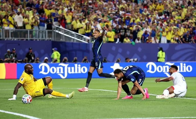 PHILADELPHIA, PENNSYLVANIA - JUNE 19: Matheus Cunha #9 of Brazil scores his team's first goal during the FIFA World Cup 2026 Group C match between Brazil and Haiti at Philadelphia Stadium on June 19, 2026 in Philadelphia, Pennsylvania. (Photo by Dan Mullan/Getty Images)