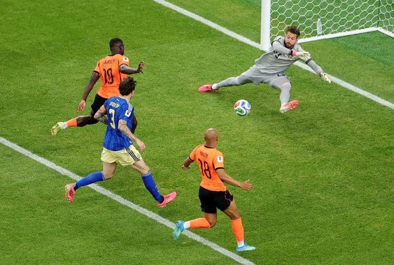 HOUSTON, TEXAS - JUNE 20: Brian Brobbey #19 of the Netherlands scores his team's first goal past Kristoffer Nordfeldt #23 of Sweden during the FIFA World Cup 2026 Group F match between Netherlands and Sweden at Houston Stadium on June 20, 2026 in Houston, Texas. (Photo by Alex Slitz/Getty Images)