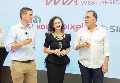 Enkelejda Xhebexhiu (middle), Managing Director & Co-Founder, Velo West Africa Group, with Benjamin Naas (left), Export and Business Development Manager, Etex Building Performance, and Myzafer Ati Velaj, Director & Co-Founder, Velo West Africa Group, at the anniversary celebration