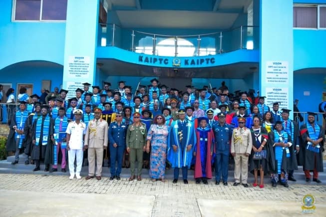 Air Vice Marshal David Anettey (5th from right), Commandant of the Kofi Annan International Peacekeeping Training Centre Justice Professor Henrietta Mensah-Bonsu (5th from left), the Keynote Speaker and Special Guest of Honour and other dignitaries and graduates in group photograph.