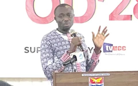 Prof. Emmanuel Kwasi Abu, Director of STEM Studies, College of Distance Education, UCC, and Professor of Optometry, delivering scientific presentation, at the 2nd White Coat Ceremony and Refractive Error Day Symposium at UCC