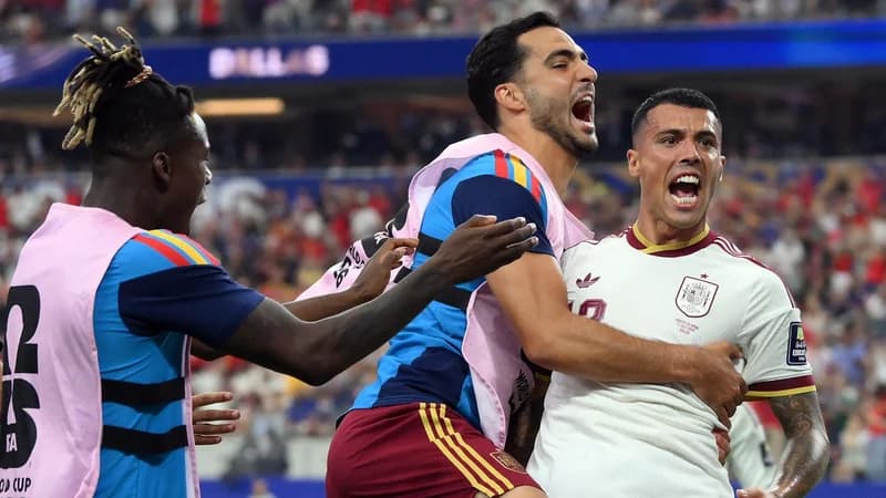 Pedro Porro celebrates after scoring second goal for Spain in 2026 World Cup semi-final against France
