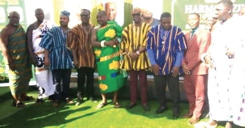 Akusiaku-Brempong Kumi Sasraku VIII (5th from right), Paramount Chief of the Anum Traditional Area, with some of the dignitaries after the launch