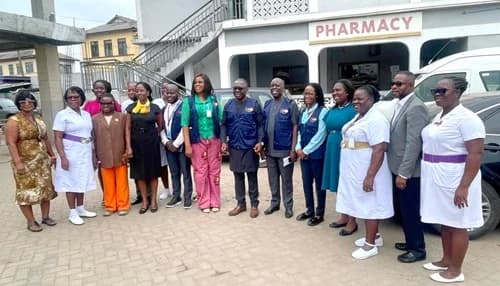 Dr Sennen Hounton (7th from right), Regional Director for West and Central Africa, UNFPA, with Dr Philomina Bonsu (6th from left), Medical Superintendent, Ussher Hospital, and other staff of the Ussher Hospital and UNFPA