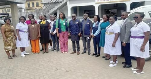 Dr Sennen Hounton (7th from right), Regional Director for West and Central Africa of the UNFPA, with Dr Philomina Bonsu (6th from left), Medical Superintendent of Ussher Hospital, and staff of the Ussher Hospital and UNFPA