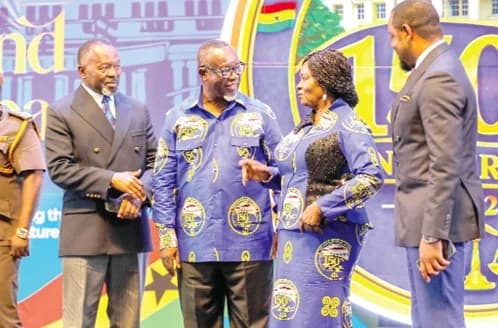Prof. Naana Jane Opoku-Agyemang, Vice-President, interacting with Justice Paul Baffoe-Bonnie (2nd from left), Chief Justice; Dr Dominic Akuritinga Ayine (left), Attorney-General and Minister for Justice, and Dr Justice Srem-Sai (right), Deputy Attorney-General, at the 150th anniversary celebration of the Supreme Court. Picture: ELVIS NII NOI DOWUONA