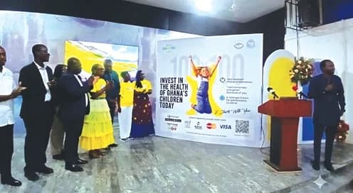 Michael Harry Yamson (extreme right), the Administrator of the District Assemblies Common Fund, Dr Frank Owusu-Sekyere (3rd from left), Director, Medical Affairs of Korle Bu Teaching Hospital, and Prof. Catherine Segbefia (4th from right), Head of Department of Child Health, at the launch of the 100 X 100 Child Health Campaign by the Department of Child Health of the KBTH