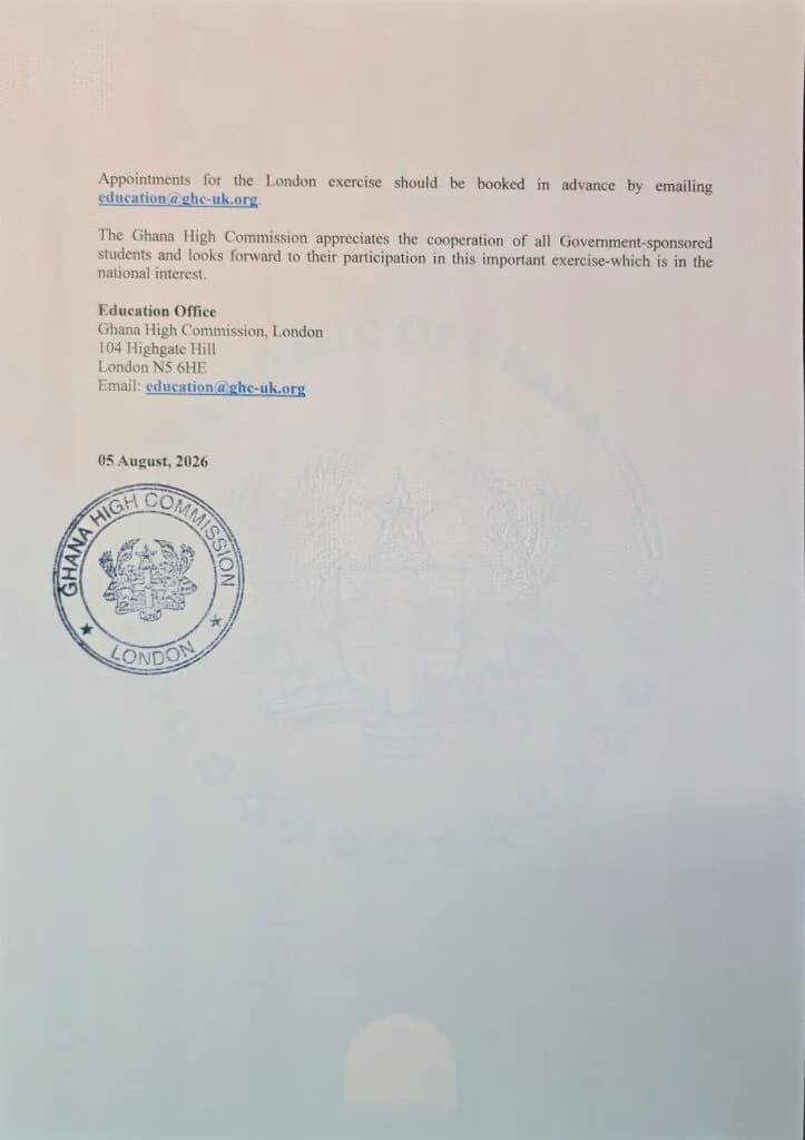 Ghana High Commission Mandates Oath of Affirmation and Validation for Government-Sponsored Students in the UK