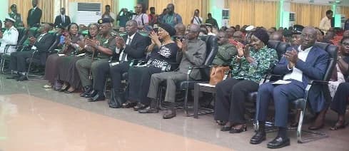 Prof. Naana Jane Opoku-Agyemang (2nd from right), Vice-President, in the company of Johnson Asiedu Nketia (3rd from right), National Chairman of the NDC, and some government officials applauding during the lecture