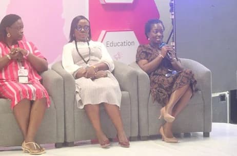 Dr Mary-Ann Dadzie, a Clinical Oncologist at Korle-Bu Teaching Hospital, speaking during the panel discussion. With her are Prof. Josephine Nsaful (2nd from right), President of the Breast Society of Ghana, and Dr Mary-Anne Zuolo (left), an Obstetrician, Gynaecologist and REI Fellow. Picture: ESTHER ADJORKOR ADJEI.