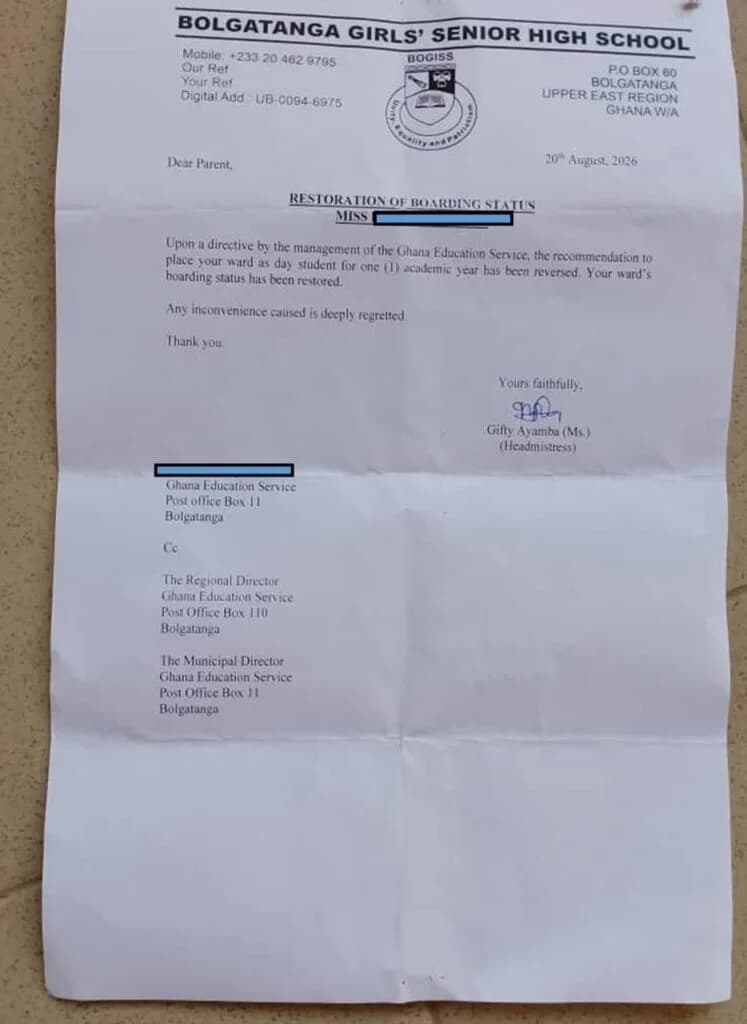 Bolgatanga Girls’ SHS Restores Boarding Status of 14-Year-Old Student Following Alleged Abuse by School Watchmen