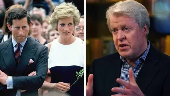 A split-screen image featuring a historical photograph of Prince Charles and Princess Diana on the left, and a contemporary photograph of Earl Charles Spencer, Diana's brother, on the right. The collage juxtaposes the former royal couple with Spencer during an interview, providing visual context for the news story about his recent claims.