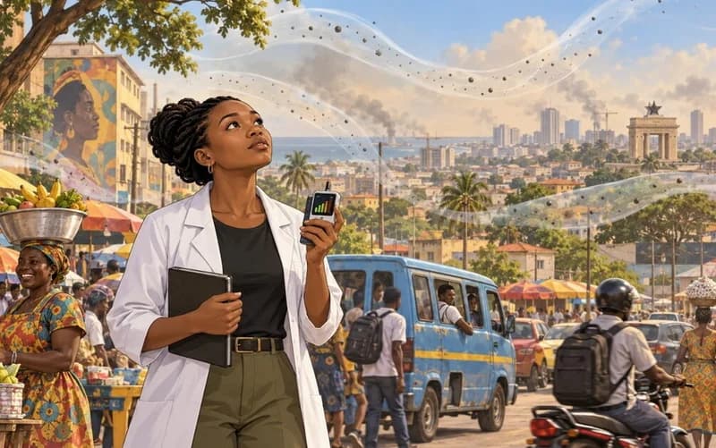 A digital illustration features a woman in a lab coat holding an air quality monitoring device in a busy Accra street scene. In the background, smoke and swirling particulate matter are visible against the city skyline, which includes the Independence Arch. The image depicts the intersection of public health, science, and urban pollution in Ghana.