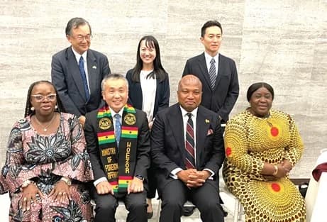 Samuel Okudzeto Ablakwa (seated 2nd from right), Minister of Foreign Affairs; Hiroshi Yoshimoto (standing left), the Ambassador of Japan to Ghana; Koichi Wakata (seated 2nd from left), Japanese astronaut and Chief Technology Officer for Asia Pacific, Axiom; Prof. Nana Aba Appiah Amfo (seated left), Vice-Chancellor, University of Ghana; Kadidja Iddrisu (seated right), Chief Director, MoFA; and other officials after the visit