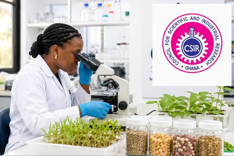 A female scientist in a white lab coat and blue gloves is seen using a microscope in a laboratory setting. Around her are trays of sprouting green plants and glass jars filled with various seeds, while the logo for the Council for Scientific and Industrial Research (CSIR) Ghana is overlaid in the top right.