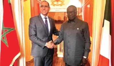 Dr Lahcen Mahraoui (left), Morocco’s Ambassador to Ireland and Dean of the African Diplomatic Corps in Dublin, welcoming James Gyakye Quayson, the Deputy Minister of Foreign Affairs, to his office.