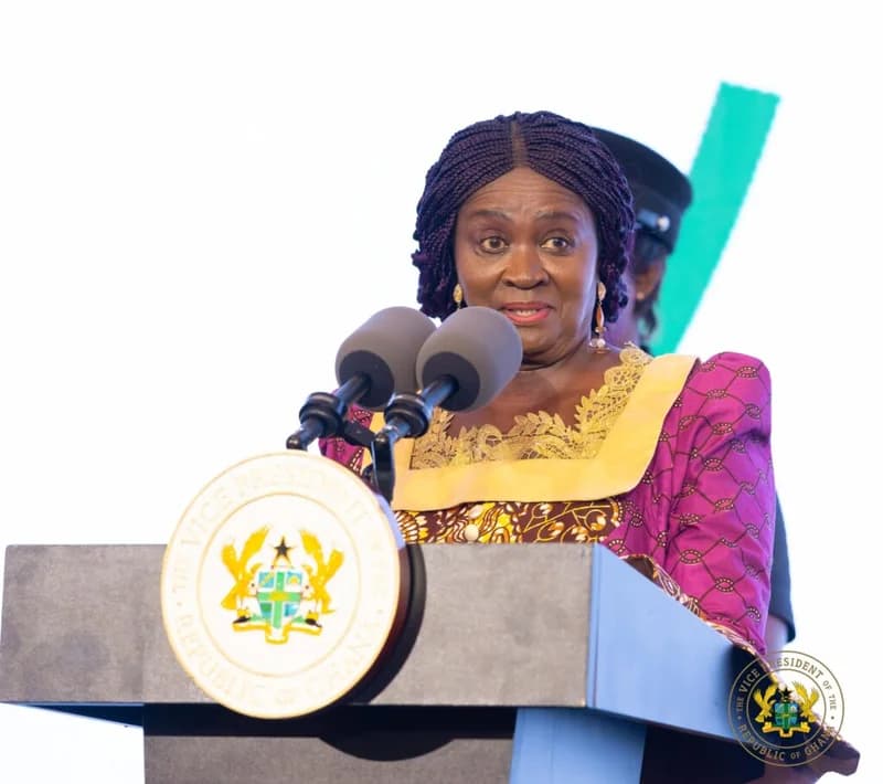 Vice President Professor Naana Jane Opoku-Agyemang is pictured delivering a speech at a formal event. She is standing behind a lectern featuring the official seal of the Vice President of the Republic of Ghana, wearing a purple and gold patterned traditional outfit with her hair in braids.