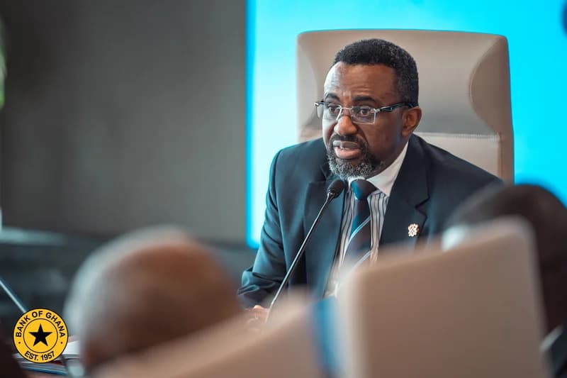 Dr. Maxwell Opoku-Afari, First Deputy Governor of the Bank of Ghana, is pictured speaking at a formal business event. He is wearing a dark suit and glasses, addressing an audience from behind a microphone with the Bank of Ghana official logo visible in the corner.