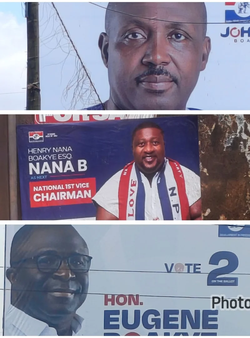 A collage of three campaign banners for candidates in the New Patriotic Party (NPP) national officers' elections. The posters feature prominent figures such as Henry Nana Boakye (Nana B) and Eugene Boakye, highlighting the political atmosphere ahead of the party polls.
