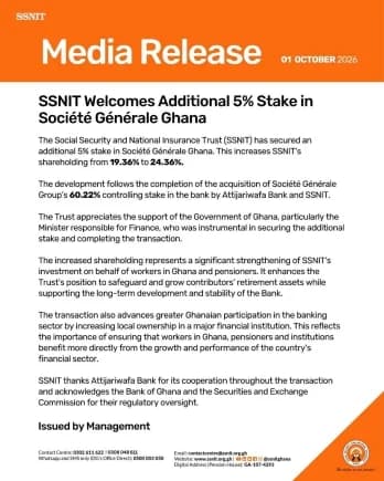 SSNIT Increases Stake in Société Générale Ghana to 24.36% Following Attijariwafa Bank Takeover