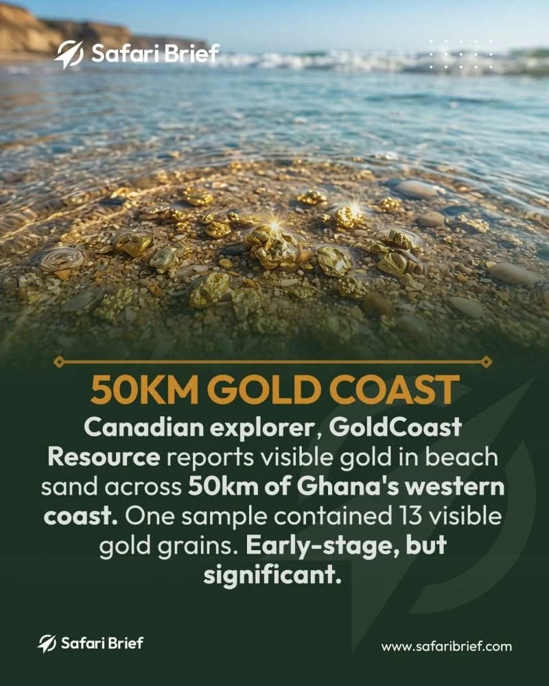 A news graphic depicting gold nuggets submerged in shallow water on a sandy beach. The image includes text detailing a report by GoldCoast Resource regarding visible gold found along 50km of Ghana's western coast.