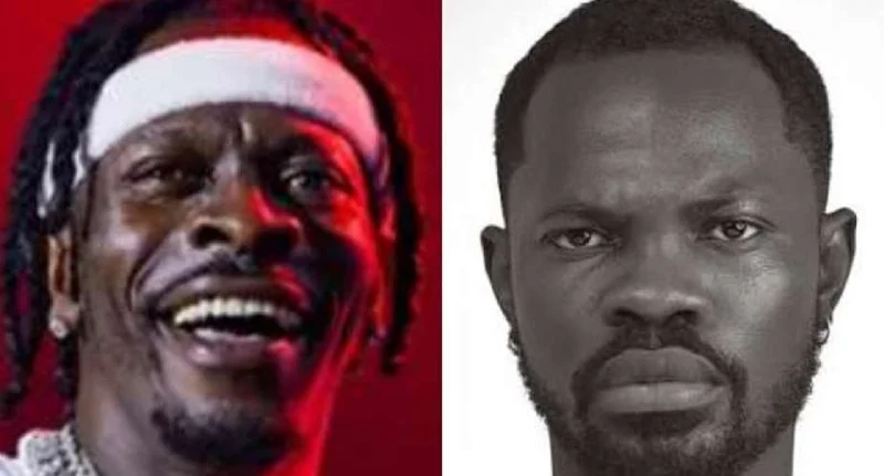 A side-by-side composite image of Ghanaian dancehall artist Shatta Wale and singer Fameye. On the left, Shatta Wale is shown laughing while wearing a white headband against a red background, while the right side features a serious black and white portrait of Fameye.