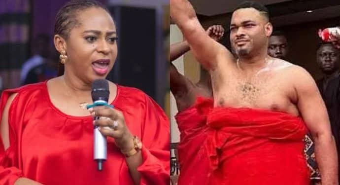 A composite image featuring Sarah Adwoa Safo speaking into a microphone on the left and Israel Safo dressed in traditional red mourning attire on the right. Both individuals are central to the leadership transition within the Kristo Asafo Mission and the Kantanka family.