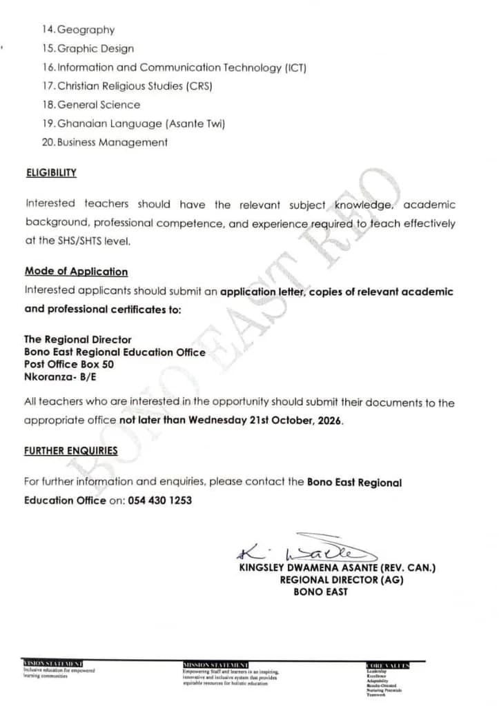 Bono East Education Directorate invites basic school teachers for SHS reposting