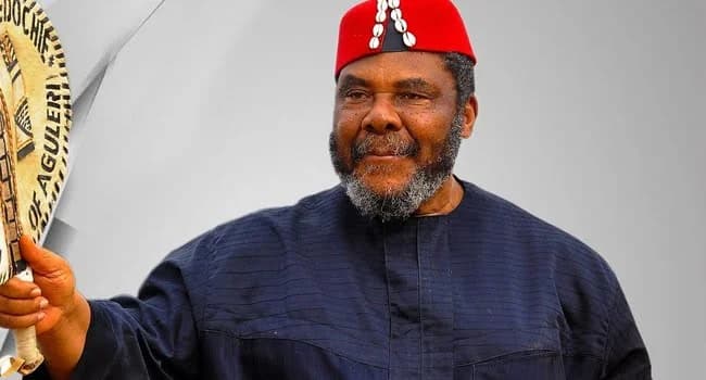 A portrait of veteran Nigerian actor Pete Edochie wearing a traditional Igbo outfit and a red cap adorned with cowries. He holds a traditional fan with text indicating his name and lineage, set against a simple gradient background.